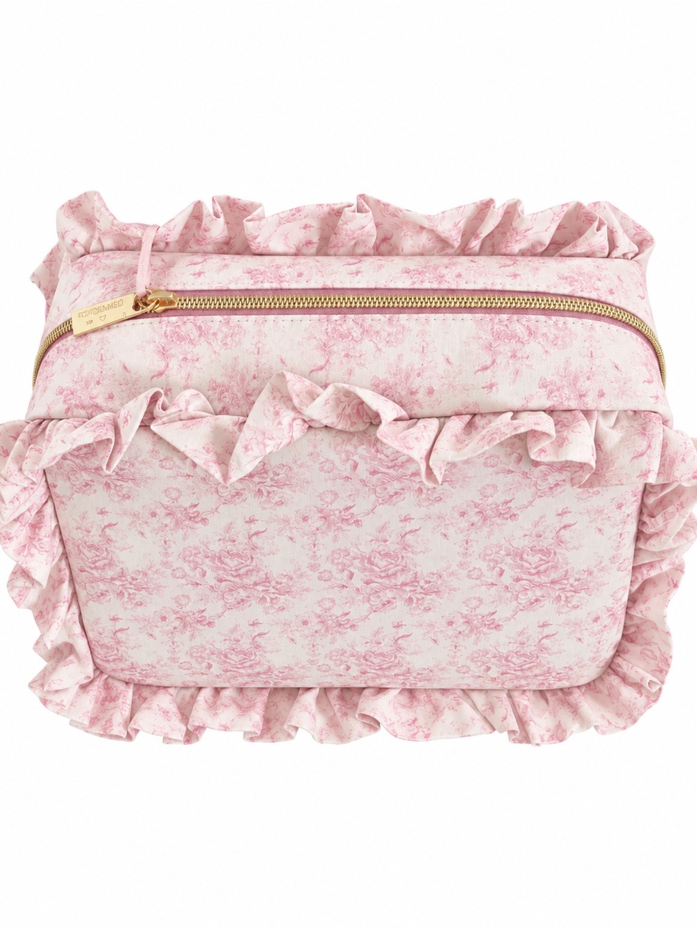 Ruffled Pink Floral Toile Cosmetic Pouch